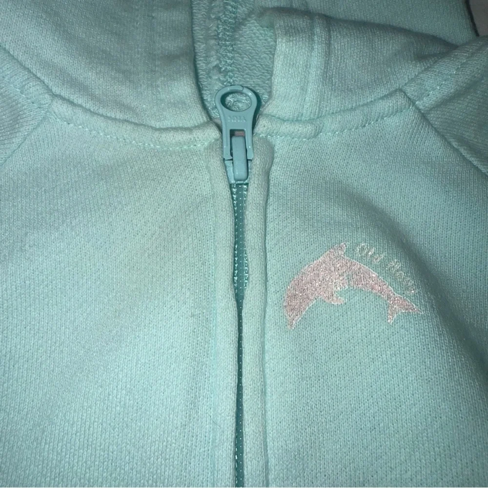 Y2K Old Navy Light Blue/Aqua Kids Hoodie with Pink Dolphin Size 12-18 Months